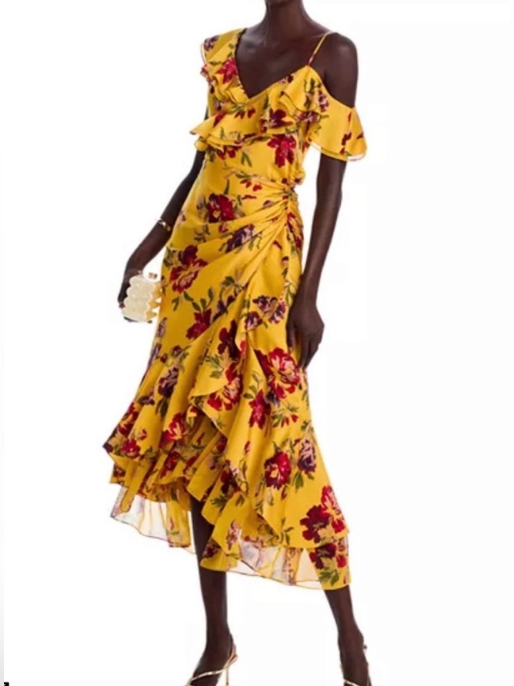 Cinq à Sept Floral Cocktail
Dress | Gold Burgundy Cinch Ruffle  Asymmetric Hem 4